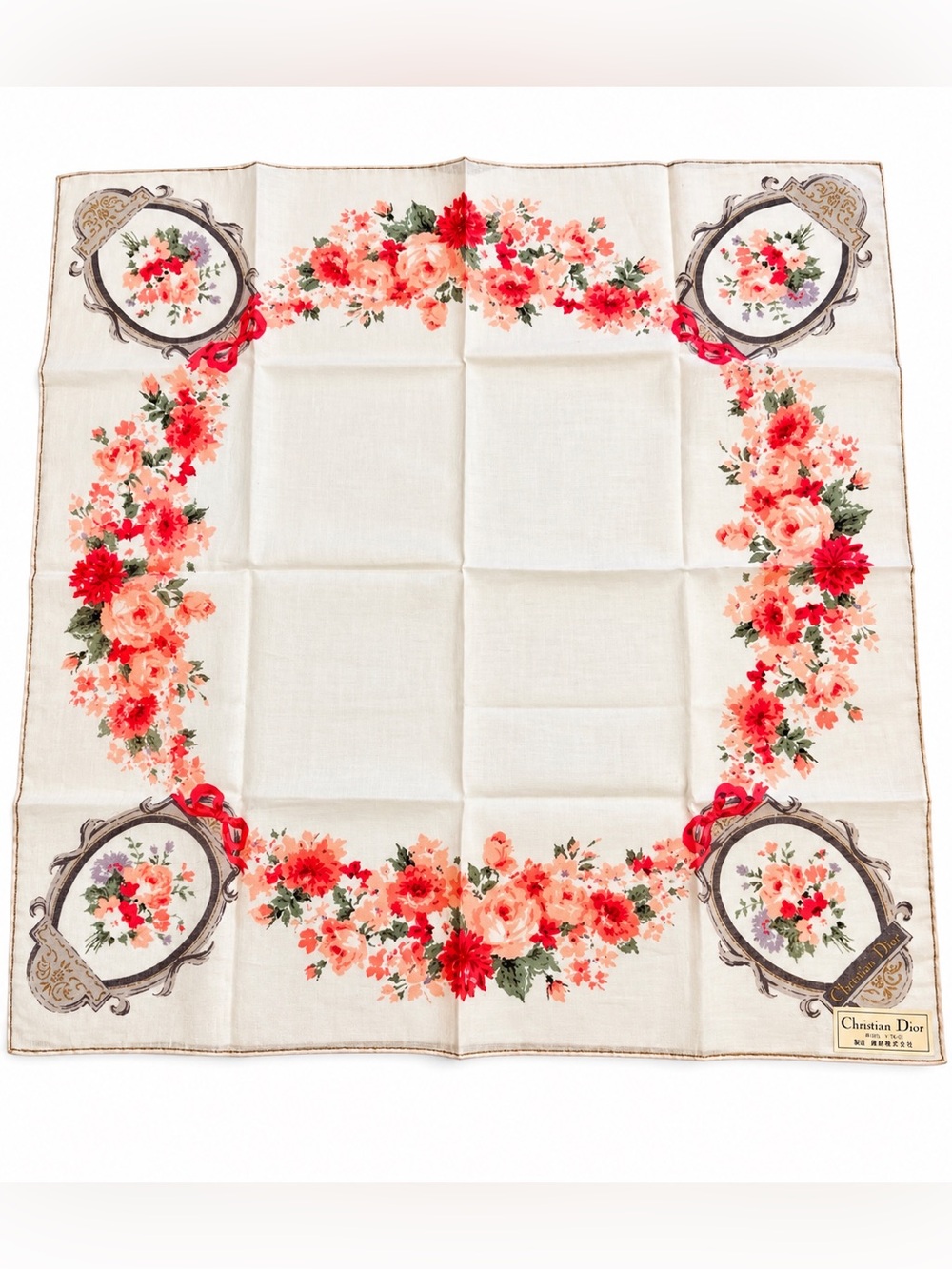 Christian Dior Vintage Silk Neckerchief Floral Wreath 18.5" Square NOS